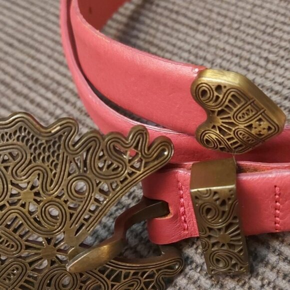 Boho Western Vintage Belt  Fabio Corti Red Leather & Brass Buckle - Picture 3 of 9